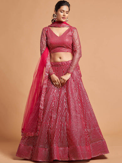 Hot Pink Thread Embroidered Net Party Wear Lehenga Choli
